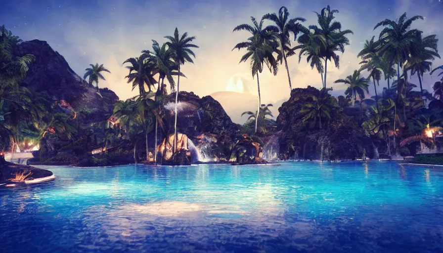 Image similar to volcano at night, moonlight, soothing lush landscape, detailed aqua lagoon, surrounded by crystal palm trees, unreal engine, realistic shading, realistic render, octane render, detailed textures, photorealistic, wide shot