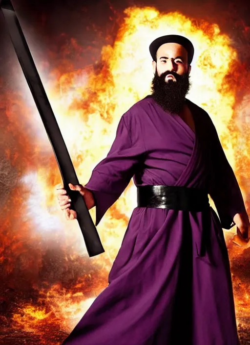 Image similar to action movie poster of an ultra orthodox bearded Christian priest wearing a deep purple robe with cloak, holding a machete. with an explosion behind him.