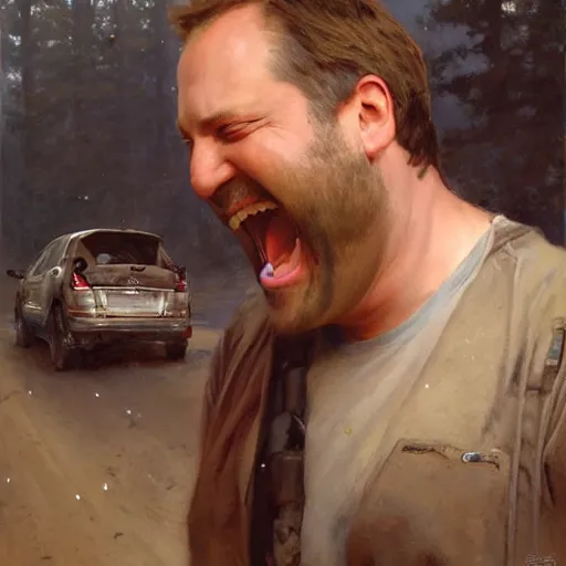 Prompt: comedian tom segura laughing at a car crash, highly detailed painting by gaston bussiere, craig mullins, j. c. leyendecker 8 k