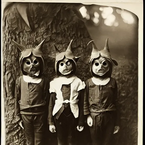 Image similar to portrait of children wearing devil masks, photograph, style of atget, 1 9 1 0, creepy, dark