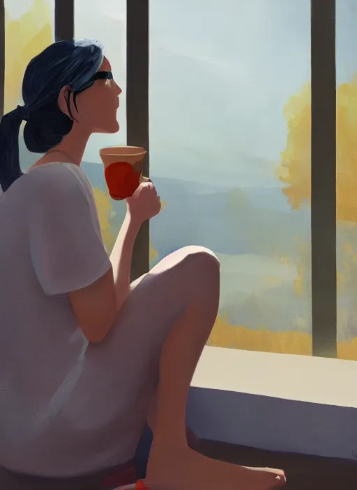 Image similar to woman sitting on the terrace in the morning sun eating porridge, photorealistic, artstation