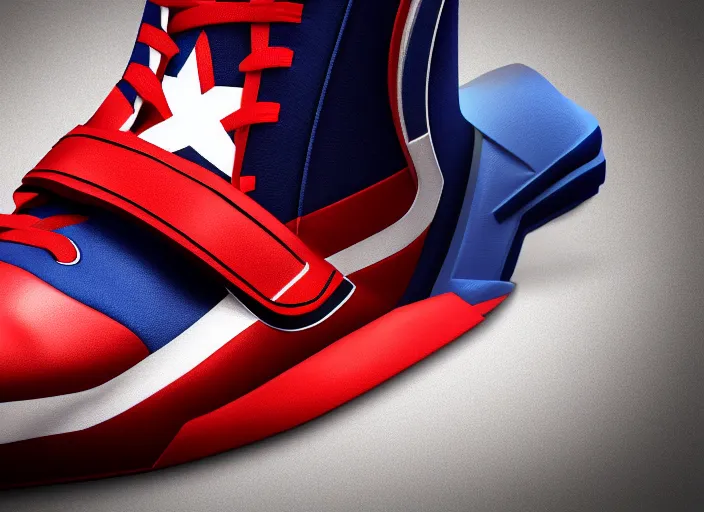 Prompt: basketball sneakers concept of captain america, illuistration, octane render, smooth, sharp focus