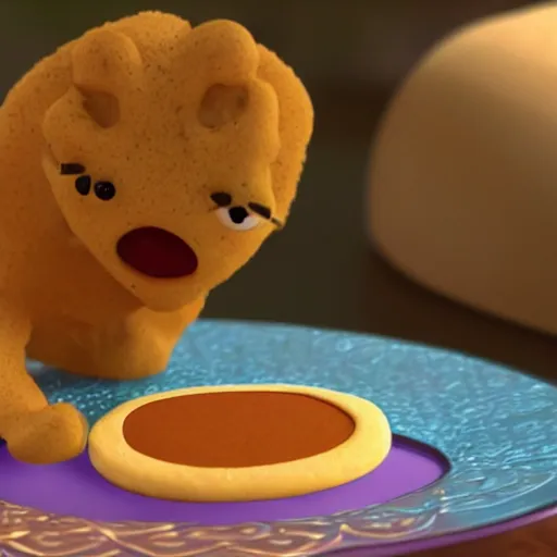 Image similar to circular golden cookie licking itself, pixar