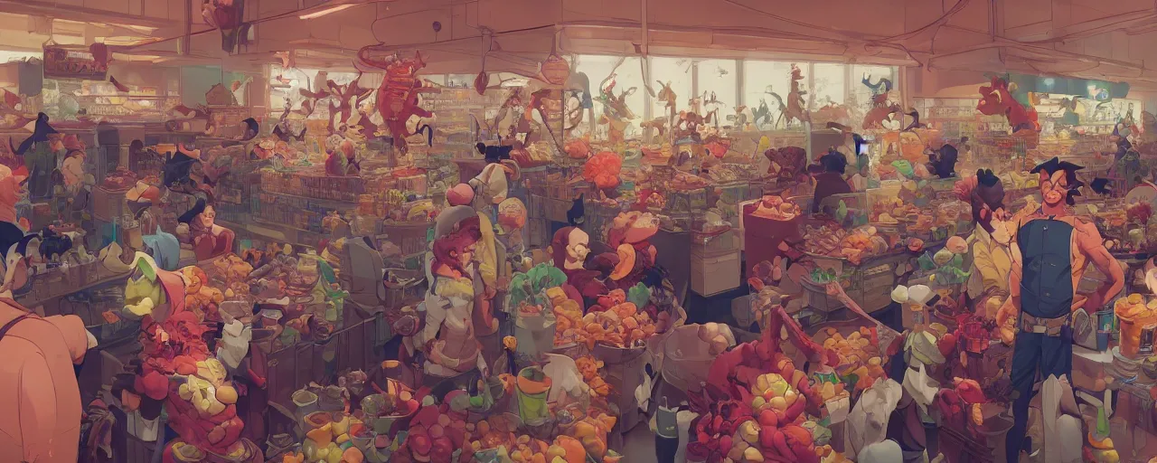 Image similar to inside a crowded clown supermarket behance hd artstation by jesper ejsing, by rhads, makoto shinkai and lois van baarle, ilya kuvshinov, ossdraws, that looks like it is from borderlands and by feng zhu and loish and laurie greasley, victo ngai, andreas rocha