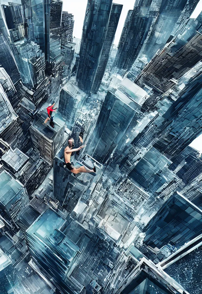 Prompt: people diving down from buildings , futuristic city, street view, detailed, hyper realistic, dramatic