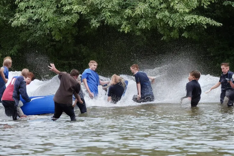 Image similar to Group of teenagers push rolls roys into lake from small slide