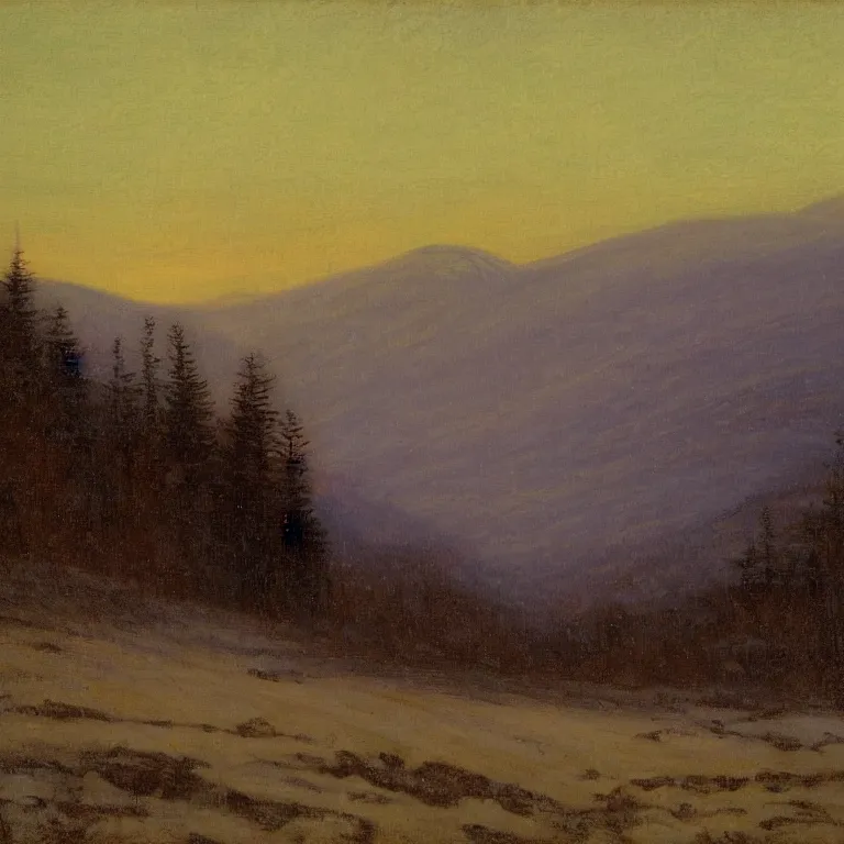 Image similar to new hampshire, mountains, winter, twilight, luminous, abbott handerson thayer, glaze oil painting