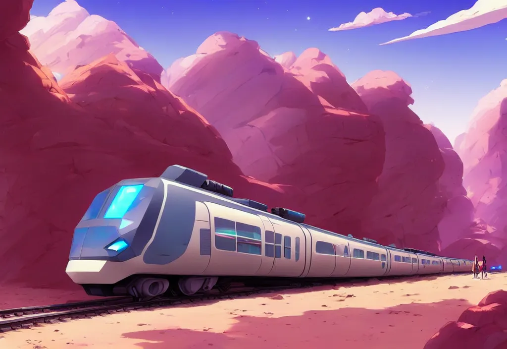 Image similar to futuristic train in a desert, rocks, anime, official fanart behance hd artstation by jesper ejsing and makoto shinkai, 4 k,