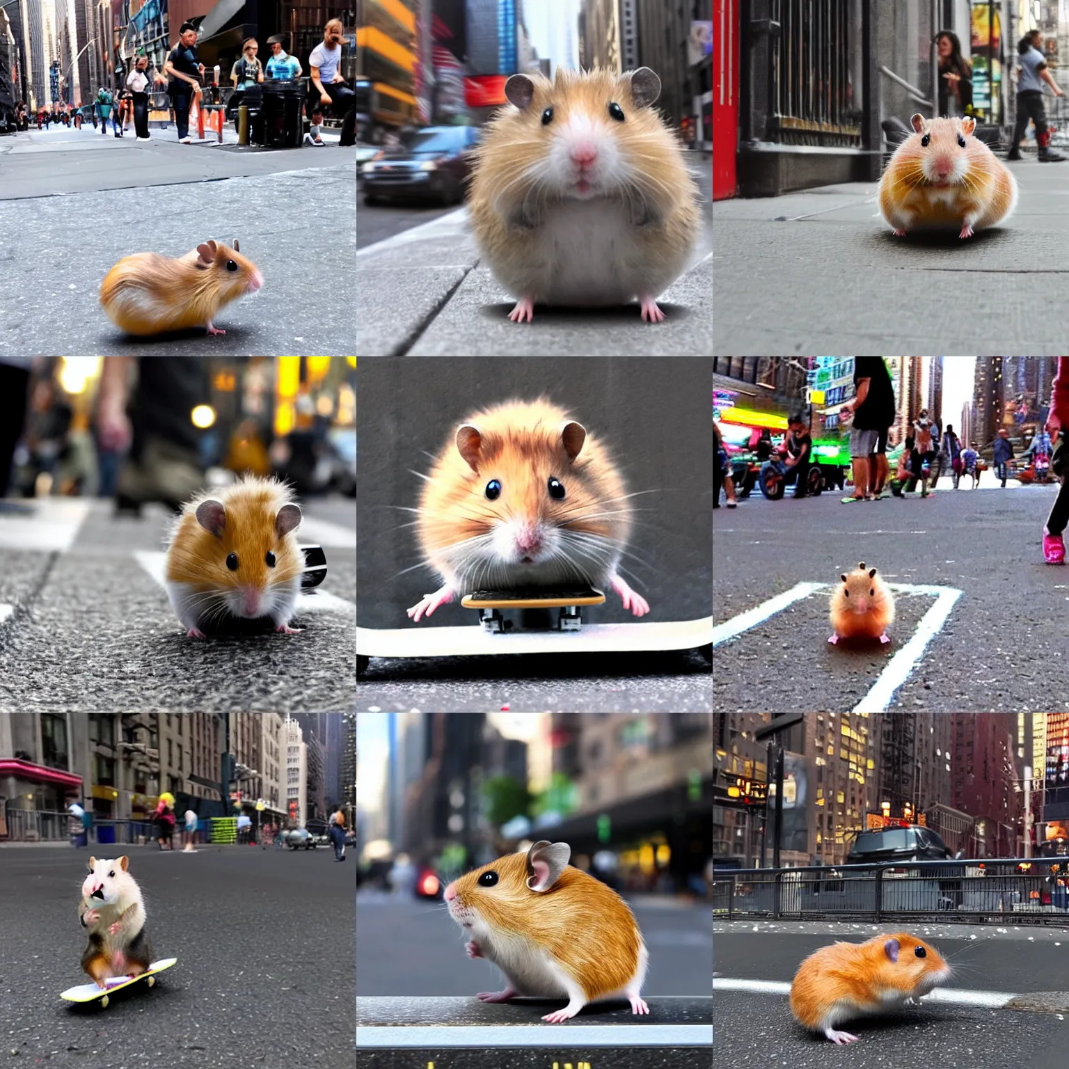 Prompt: Hamster Skateboarding through NYC, realism