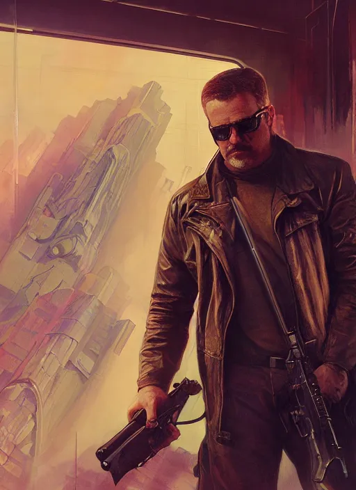 Image similar to Modern Teddy Roosevelt. Cyberpunk bouncer. blade runner 2049 concept painting. Epic painting by James Gurney, and Alphonso Mucha. ArtstationHQ. painting with Vivid color. (rb6s, Cyberpunk 2077)