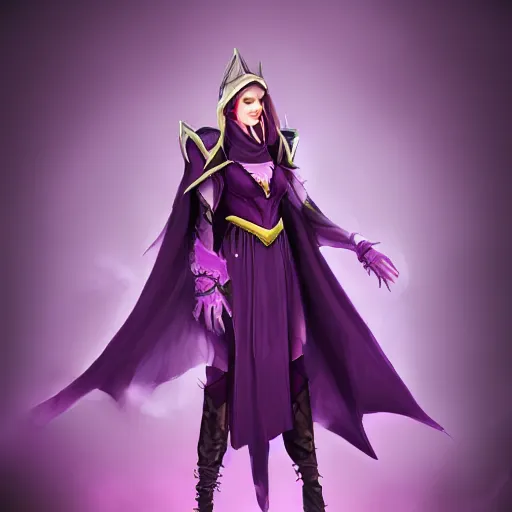 Image similar to female warlock long hood cloak purple, fighting monster with magic, 8 k, trending on artstation by tooth wu