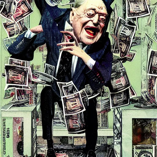 Image similar to George Soros full body shot, dollar bills Body horror, biopunk, by Ralph Steadman, Francis Bacon, Hunter S Thompson