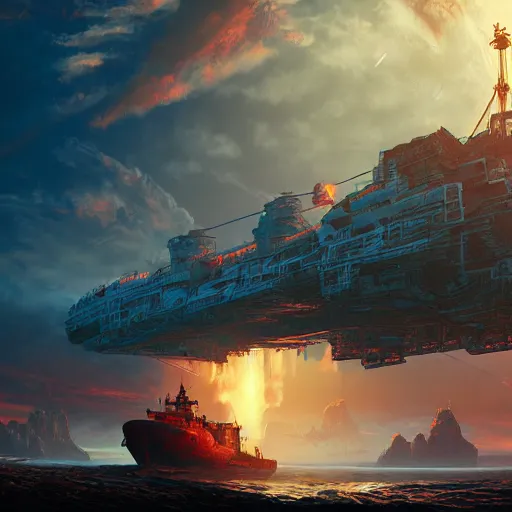 Image similar to soviet white cargo ship of horizon forbidden west horizon zero dawn bioluminiscence global illumination ray tracing hdr fanart arstation by ian pesty and alena aenami artworks