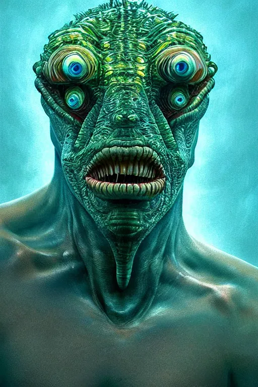 Image similar to hyperrealistic close-up surrealism underwater creature monster!! highly detailed concept art eric zener elson peter cinematic hard green lighting high angle hd 8k sharp shallow depth of field, inspired by David Paul Cronenberg and Zdzisław Beksiński