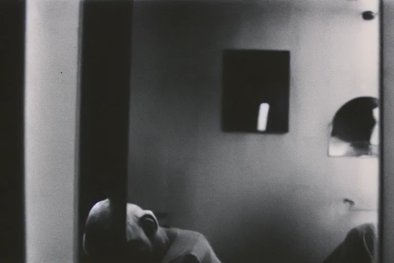 Image similar to close-up color film photography 1970s, sad clown look at himself in public bathroom mirror, soft light, 35mm, film photo, Joel Meyerowitz