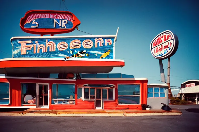 Image similar to 2 0 1 5 fish themed underwater american diner, googie architecture, two point perspective, americana, fishcore, restaurant exterior photography, 8 5 mm, taken by alex webb