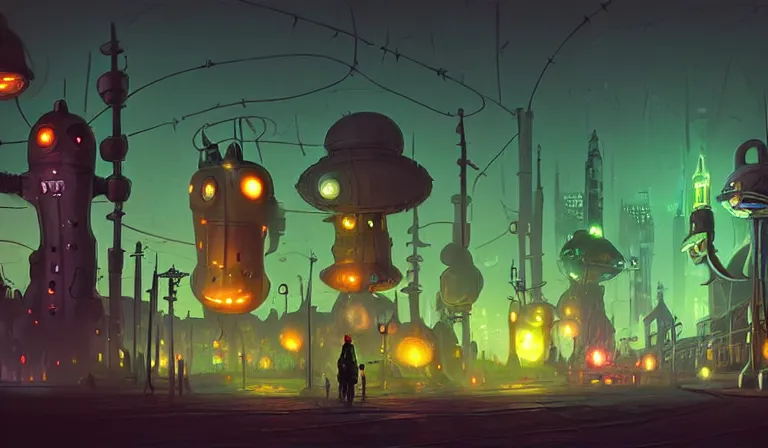 Image similar to fantasycore. magic the gathering art. street view of 1950s machinarium cityscape at night by beeple and NIARK1 and tom whelan. cute gigantic 1950s robots. cel-shaded. glossy painting.