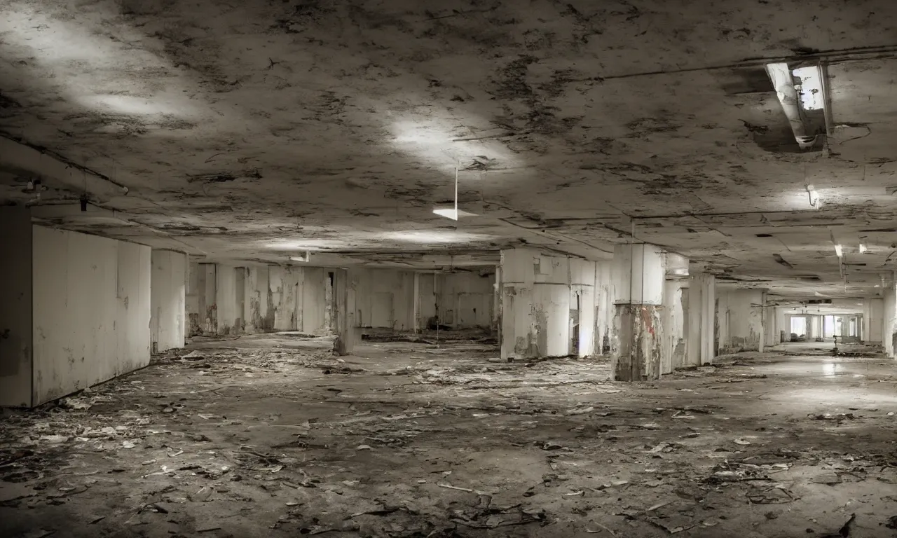 Prompt: backrooms abandoned mall, ominous neon lighting, moldy walls, shadowy tall figures wading in shallow water