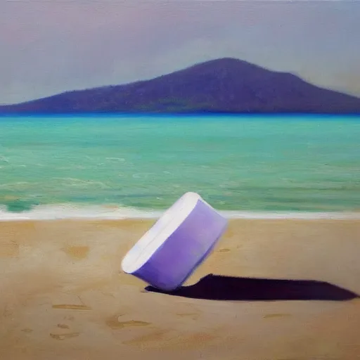 Image similar to an oil painting of a giant white styrofoam cup on the beach, the beach has purple water, surrealism