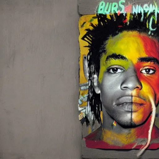 Image similar to portrait photo of basquiat and kurt cobain in nirvana basquiat ’ s studio, photorealistic,