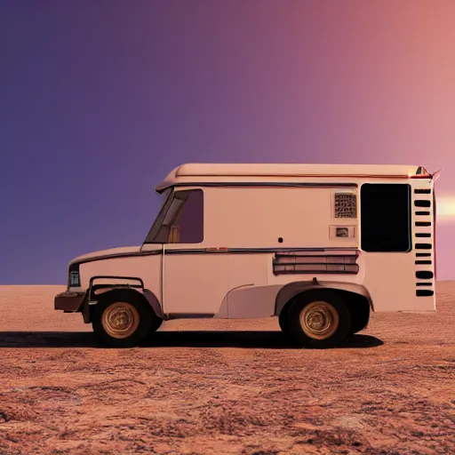 Image similar to a lone retro scifi RV with radio equipment is parked on a desert planet, side-view, redshift render, octane render, unreal engine, but as high contrast photography