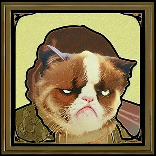 Image similar to “ george costanza from seinfeld holding grumpy cat, art nouveau, by alphonse mucha ”