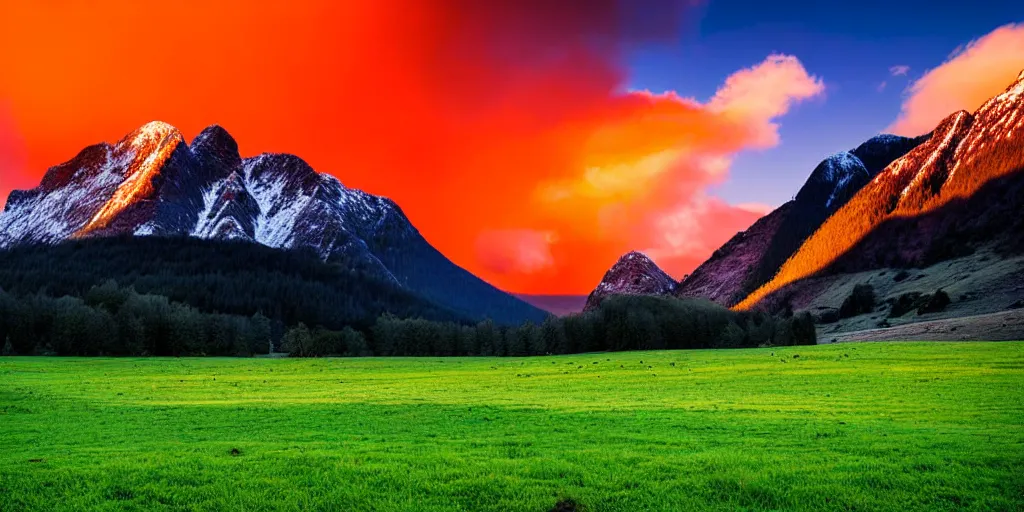 Prompt: a beautiful landscape photograph, orange clouds, blue sky and green grassland, snowy mountains