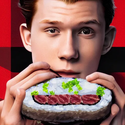 Image similar to tom holland eating spam musubi, digital art, trending on artstation, 8 k, highly detailed