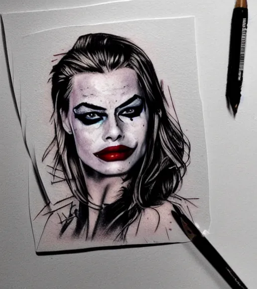 Prompt: tattoo design sketch of beautiful margot robbie portrait with joker makeup, holding an ace card, in the style of den yakovlev, realistic face, black and white, realism tattoo, hyper realistic, highly detailed