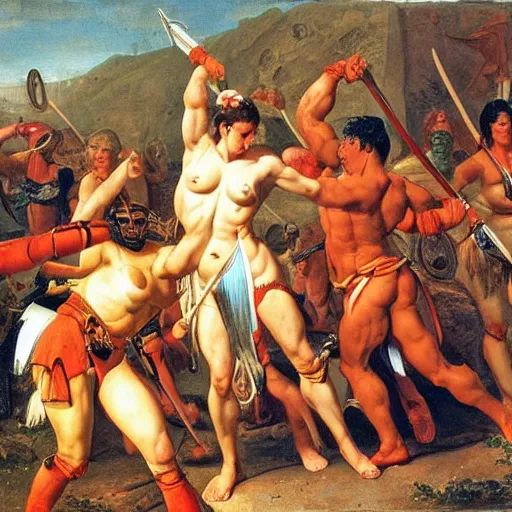 Image similar to muscular warrior women, amazonian warrior women, women fighting men, muscular men, roman warrior men, clashing in bloody field, art by jacques - louis david