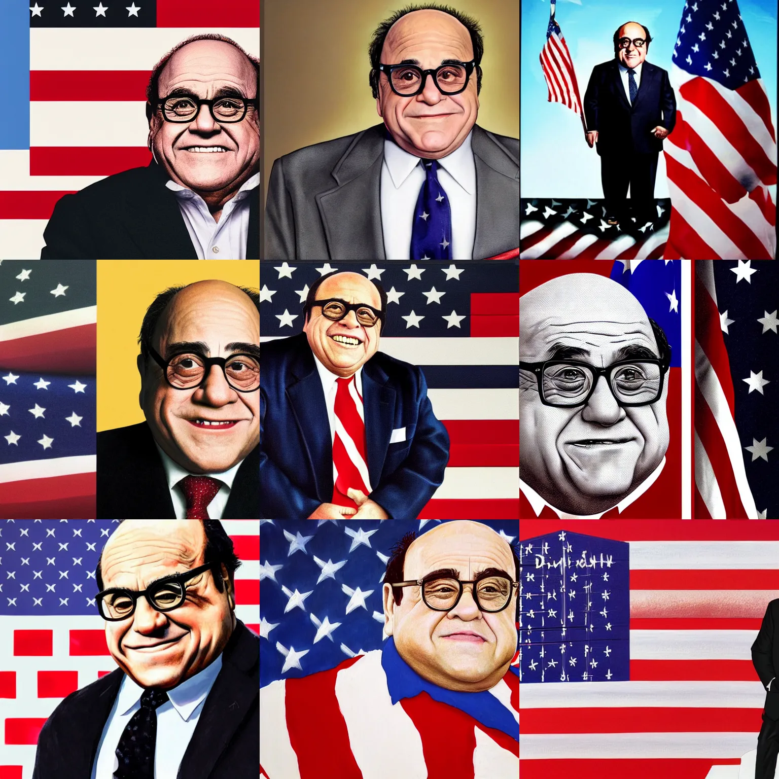 Prompt: A hyperrealistic presidential portrait of Danny Devito in front of the US flag