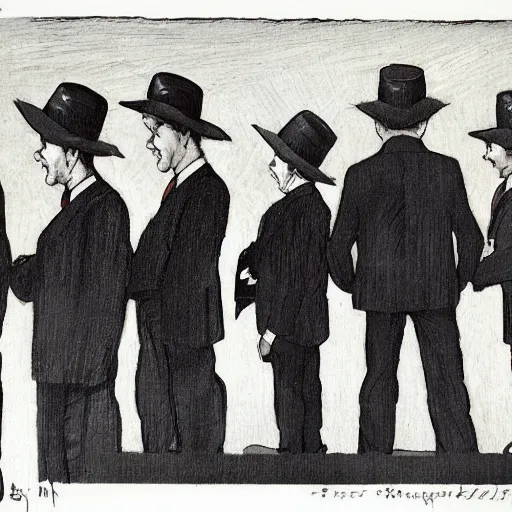 Image similar to A row of men in hats are standing, looking into the distance. the man in the centre is facing the front, looking downwards at his stomach by Frank Kelly Freas