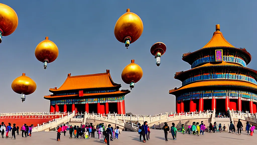 Image similar to large colorful futuristic space age metallic steampunk steam - powered balloons with pipework and electrical wiring around the outside, and people on rope swings underneath, flying high over the beautiful forbidden city in beijing city landscape, professional photography, 8 0 mm telephoto lens, realistic, detailed, photorealistic, photojournalism