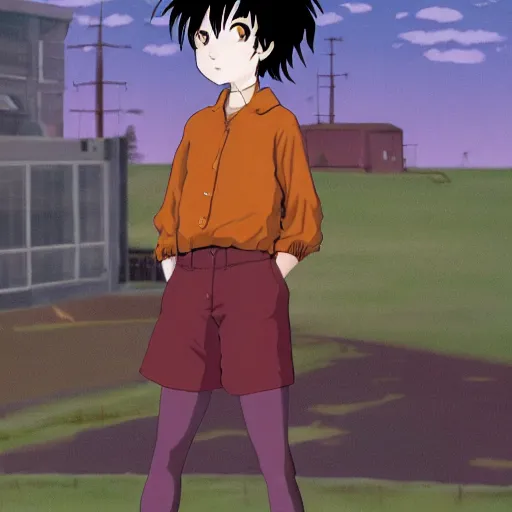 Image similar to a portrait of tomboy Lain from serial experiments: Lain Shinji with a town behind