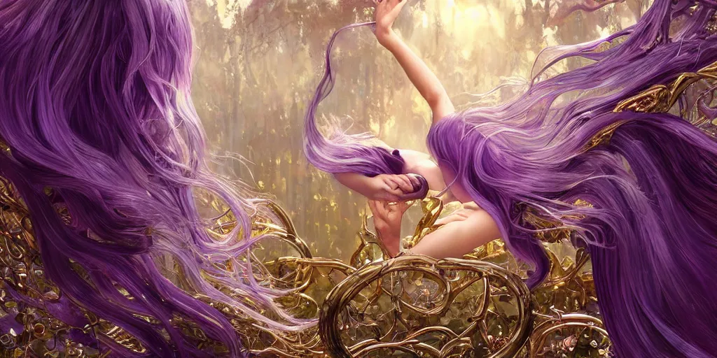 Prompt: wide angle, opulescent purple panther, metallic silver and ice color reflected crystal hair, leaping from babaob tree, fantasy, intricate, very beautiful, elegant, golden light, highly detailed, digital painting, artstation, concept art, smooth, sharp focus, unreal engine, art by wlop and tian zi and alphonse mucha