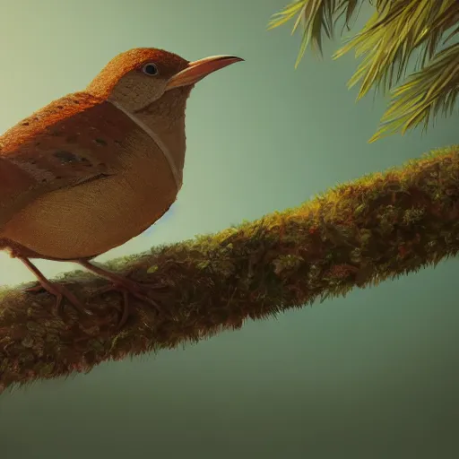 Image similar to closeup of a spanish wren bird in avila, chochin, green fields pinetrees, summer season, 4 k, midday light, concept art, by wlop, ilya kuvshinov, artgerm, krenz cushart, greg rutkowski, pixiv. cinematic dramatic atmosphere, sharp focus, volumetric lighting, cinematic lighting, studio quality