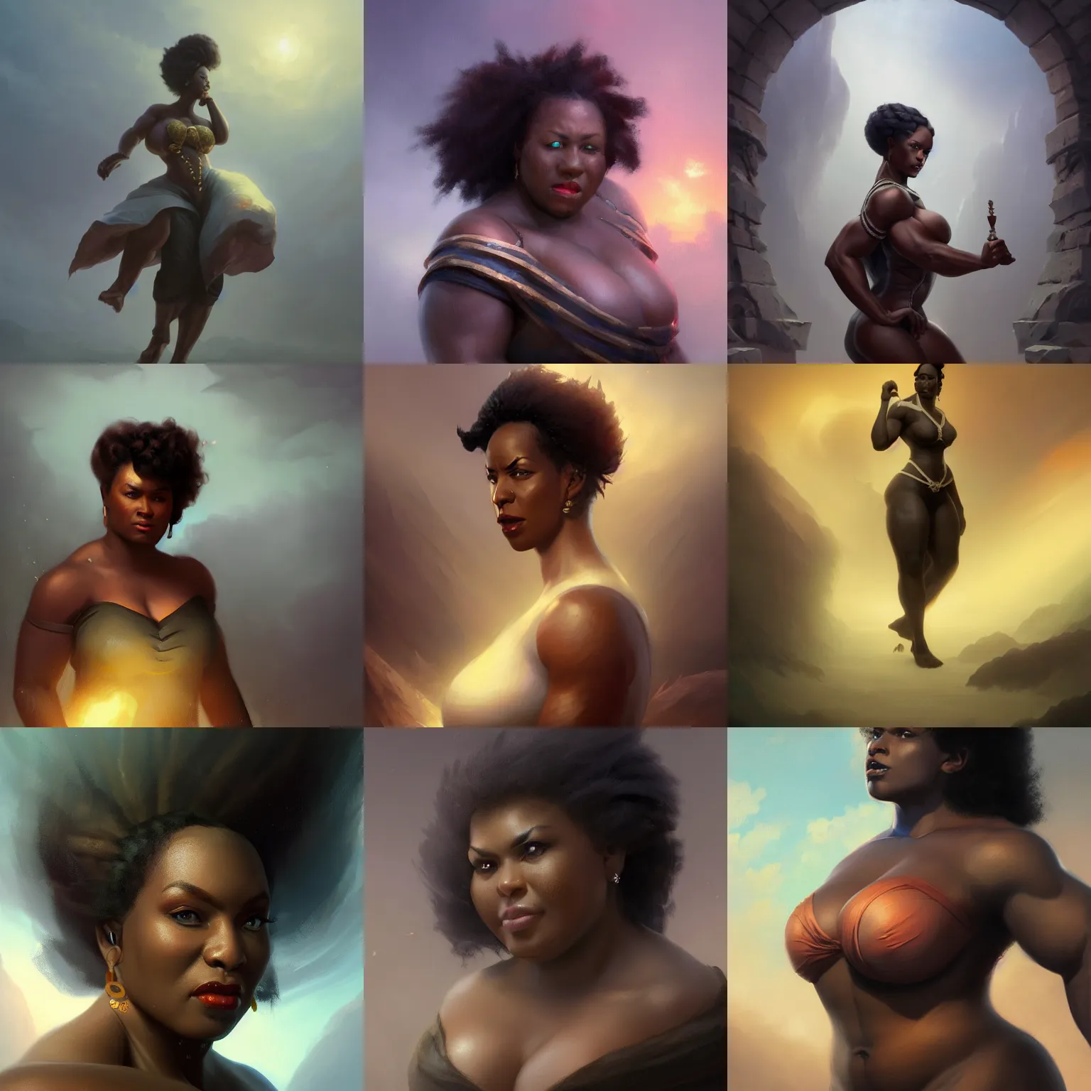 Prompt: portrait an handsome middle - aged african woman with black hair, muscular full figured build, fantasy, rough clothing, beautiful, broad light, ambient occlusion, volumetric light effect, made by ivan aivazovsky, peter mohrbacher, greg rutkowski, matte painting, 4 k, defined features, digital painting,