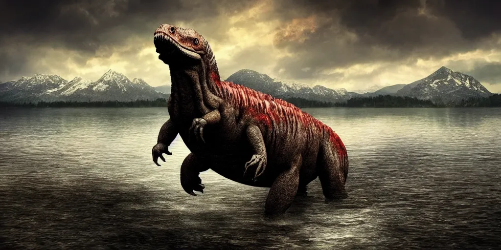 Image similar to amazing prehistoric landscape photo of tyrannosaurus standing on the lake, beautiful dramatic lighting