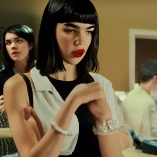 Prompt: Live Action Still of Dua Lipa in Pulp Fiction, real life, hyperrealistic, ultra realistic, realistic, highly detailed, HD quality, 8k resolution, film still