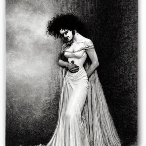 Image similar to portrait of young elsa lanchester as the bride, frankenstein, by gustave dore,