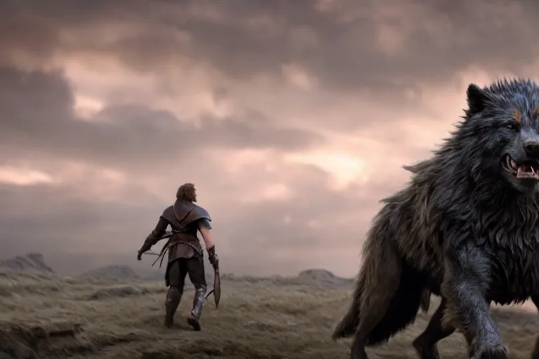 Image similar to still from a fantasy movie, a out of focus man in the foreground, facing a angry dire wolf, muted colors, action, 8 k, depth of field, cinematic, hyperrealistic, movie still frame, promotional image, imax 7 0 mm footage