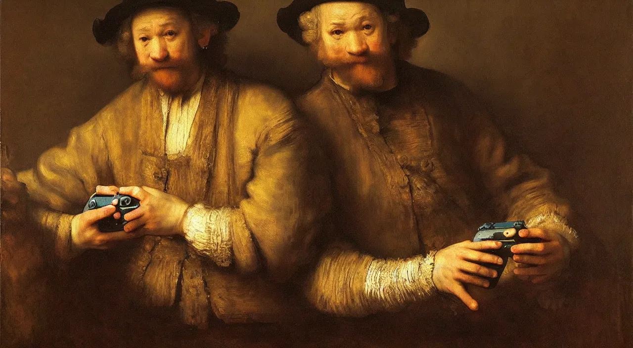 Prompt: A man playing the Nintendo Switch. Painting by Rembrandt. Hyper realism, intricate details, masterpiece.