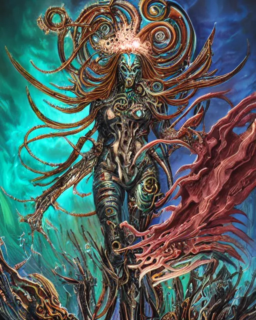 Prompt: silver mechanical charred bloody fleshmetal cyborg daemonhost woman psychedelic flamer of tzeentch with extra arms, blue and green rainbow fire, by antonio j. manzanedo, alex grey, android jones, wayne barlowe, philippe druillet, raymond swanland, cyril rolando, harumi hironaka, cronenburg, trending on artstation