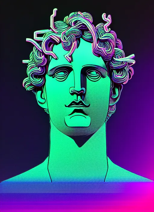 Image similar to statue of dionysus, beeple, android jones, ( ( ( ( ( dan mumford ) ) ) ) ), vaporwave, retrowave, black background, neon wiring, lines, black, glitch, strong contrast, cuts, pinterest, trending on artstation