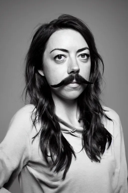 Image similar to photo of Aubrey Plaza with Ron Swanson moustache, portrait, 3/4 view, Refined, Detailed professional photo, 50mm lens, Canon eos, blurry distant background, Highly Detailed, Cinematic Lighting, 8k