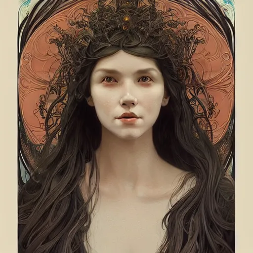 Prompt: A portrait of A woman with long hair by Ross Tran!!! and alphonse mucha and greg rutkowski! and gustav doré! and Zdzisław Beksiński!,In style of digital art illustration.Symmetry.Highly detailed face.Fantasy,smooth,hyper detailed,sharp focus,Soft light.trending on artstation.