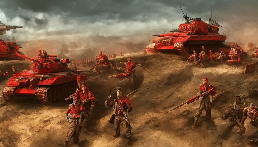 Image similar to red army on a hill with red tanks, dnd, fantasy, hyperdetailed, artstation, cgsociety, 8 k, propaganda poster