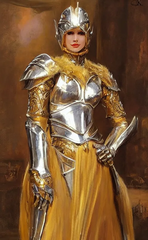 Prompt: Elegant laidy in gold and silver knight armor. By Konstantin Razumov, highly detailded