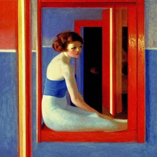 Image similar to an ivory beautiful young girl in a blue and red haunted liminal soviet room, film still by edward hopper, by gottfried helnwein, by klimt, art noveau, highly detailed, strong lights, liminal, eerie, bright pastel colors,