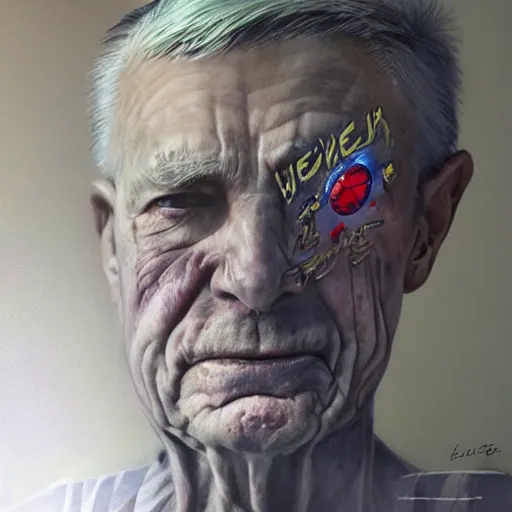 Image similar to aging war hero weeps for those he hurt, epic, photorealism, iridescent, artgerm